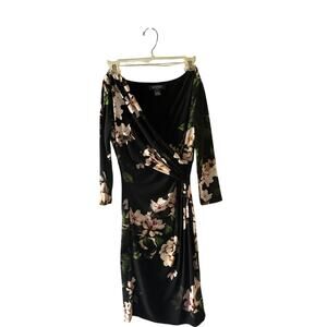 Lauren Ralph Lauren Black Floral Stretch Dress 4P Petite  Bodycon faux Wrap